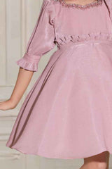 Onion Pink Sequin Frock With Puffed Sleeves For Girls