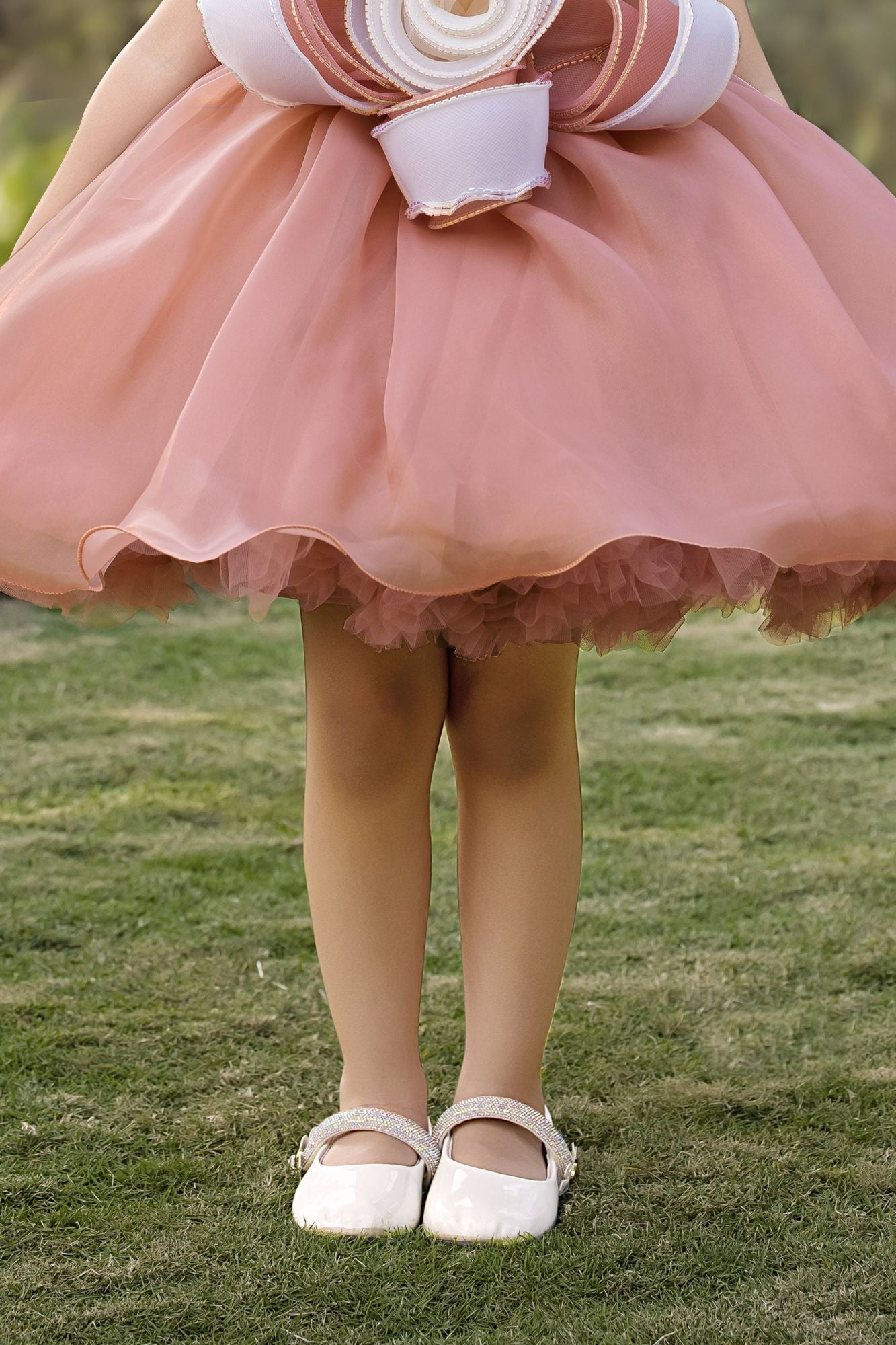 Girls Peach Floral Applique Party Dress