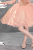 Peach Shimmer Party Frock with Sequin Bow and 3D Flower Detail For Girls