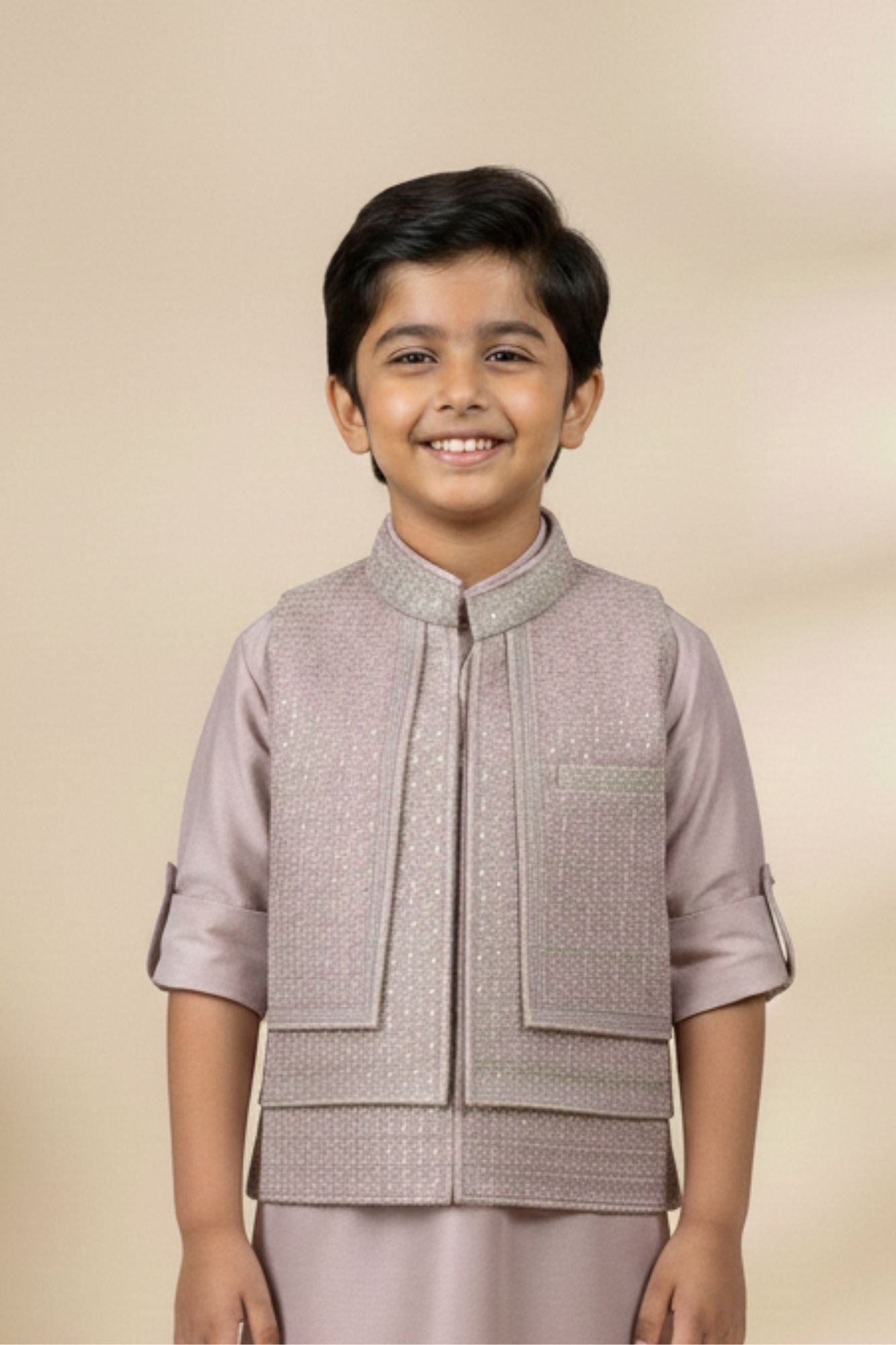 Onion Pink Embroidered Kurta Pajama Set with Ethnic Jacket for Boys