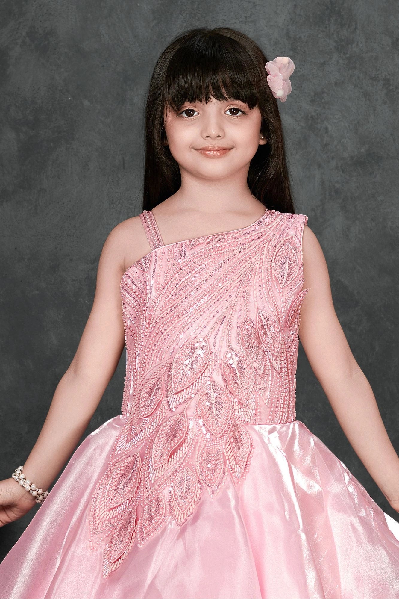 Pink Layered Organza Party Gown with Asymmetric Sequin Embroidery For Girls