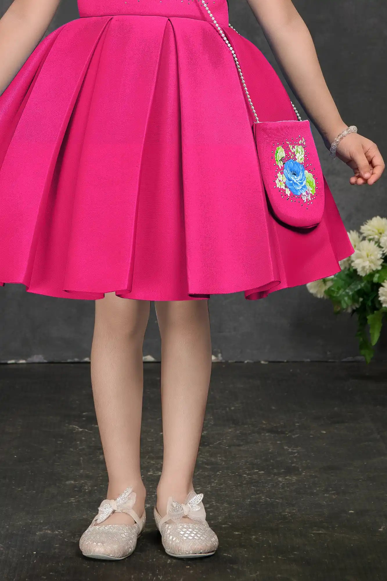 Fuchsia Pink Floral Embroidered Frock with Sling Bag For Girls