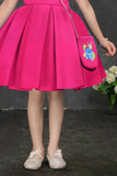 Fuchsia Pink Floral Embroidered Frock with Sling Bag For Girls
