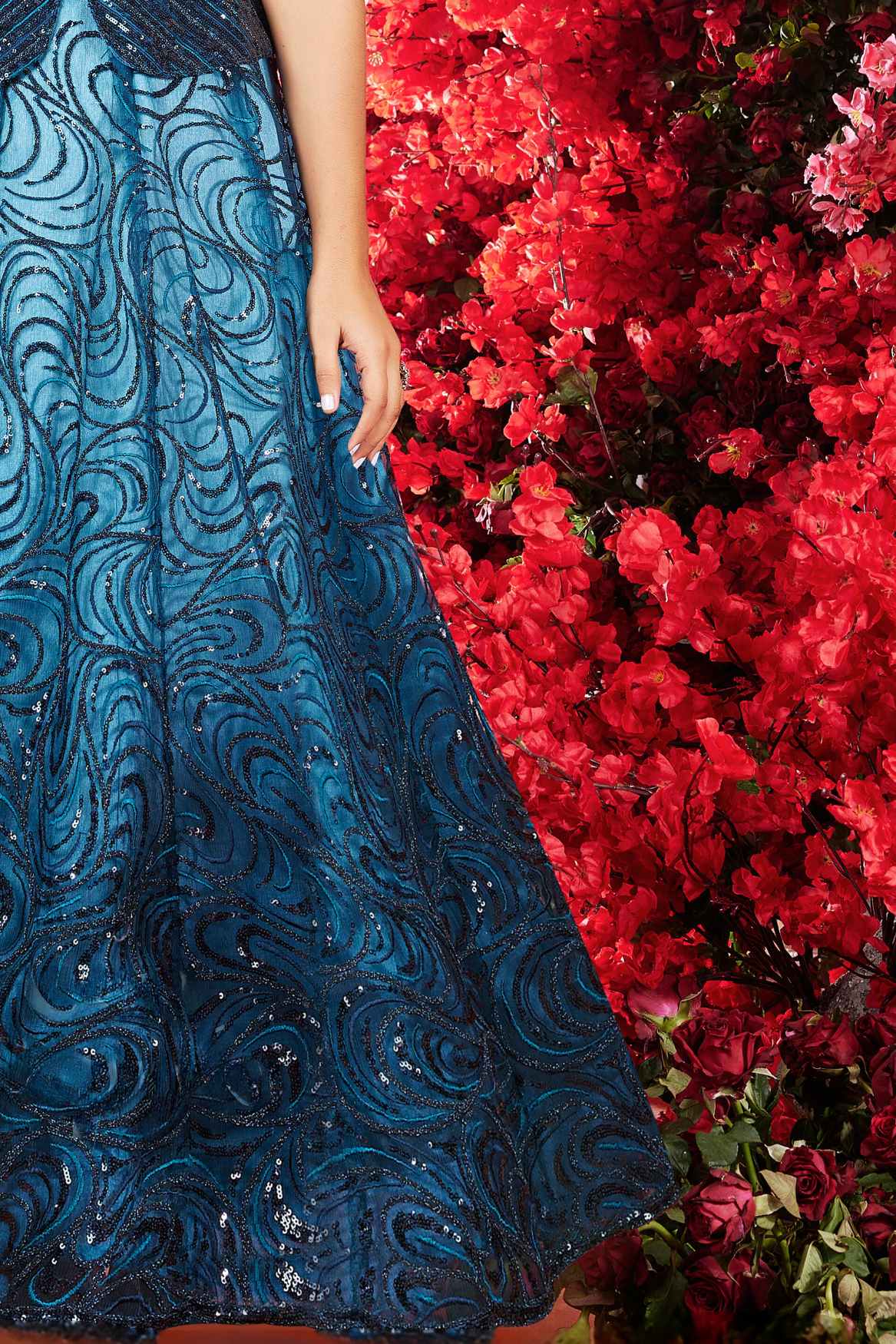 Elegant Peacock Blue Sequined Partywear Gown For Girls