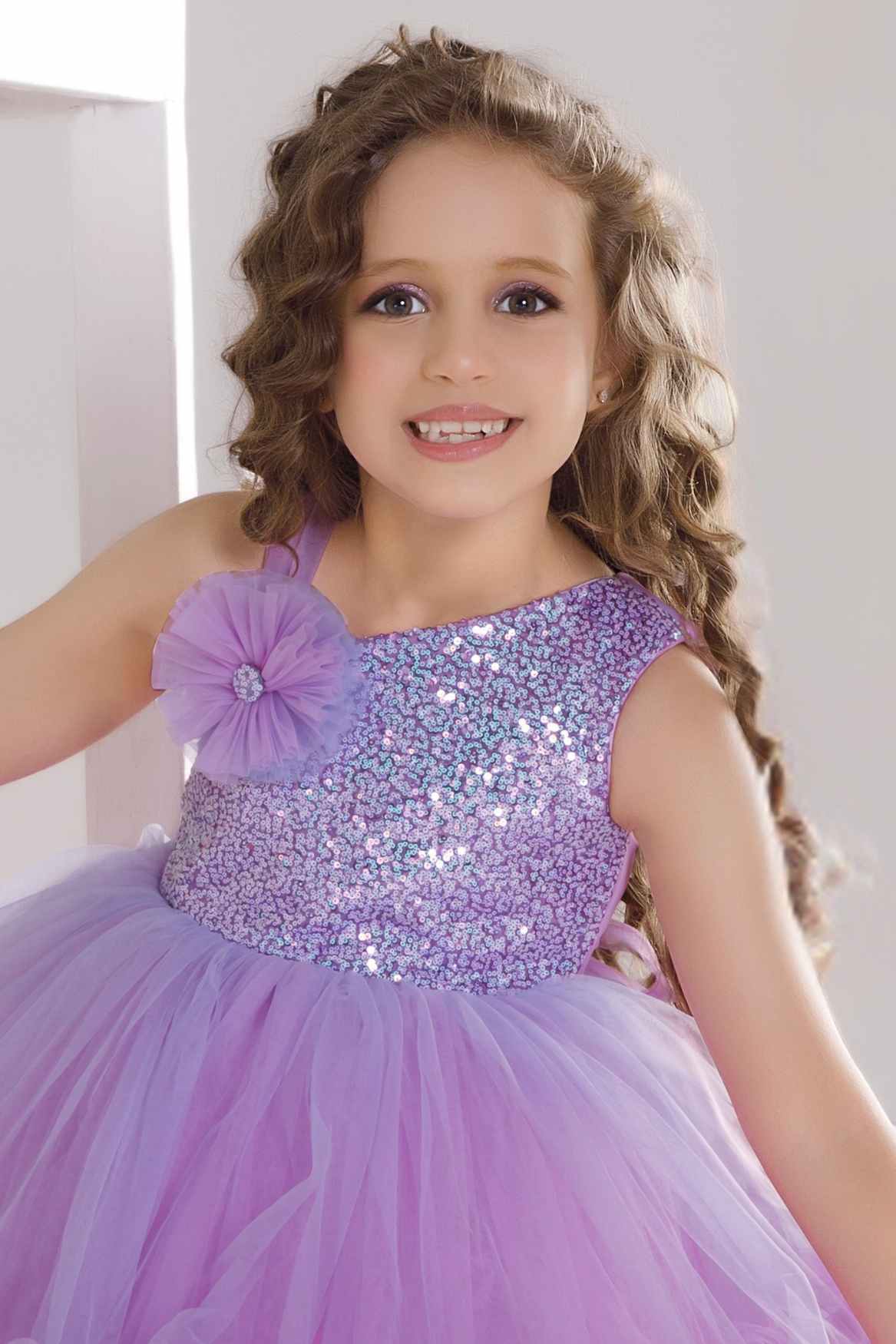 Purple Sequin Bodice Party Frock with Layered Ruffle Hem For Girls