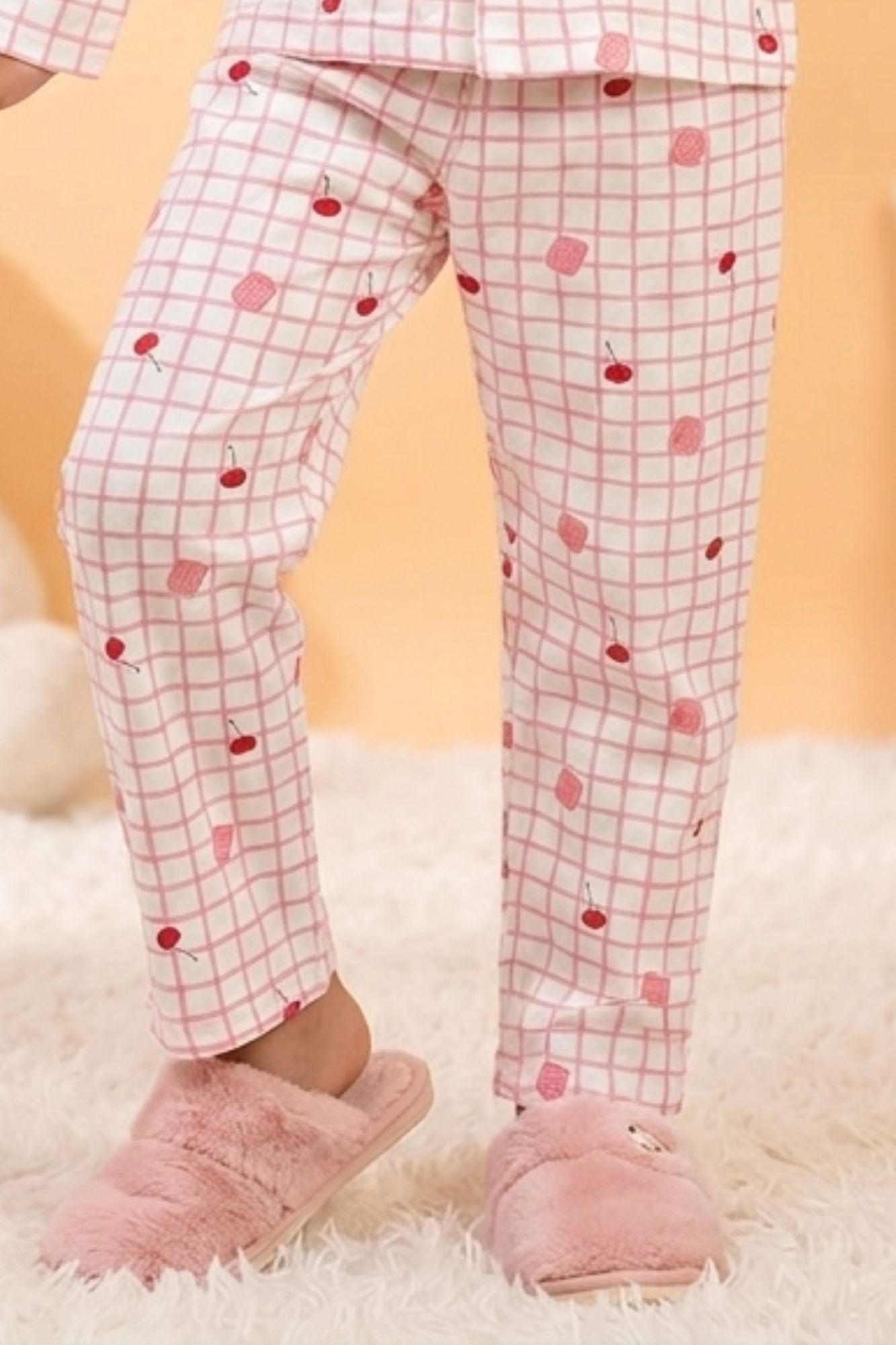 Girls Pink Checked Night Suit Set with Lace Collar