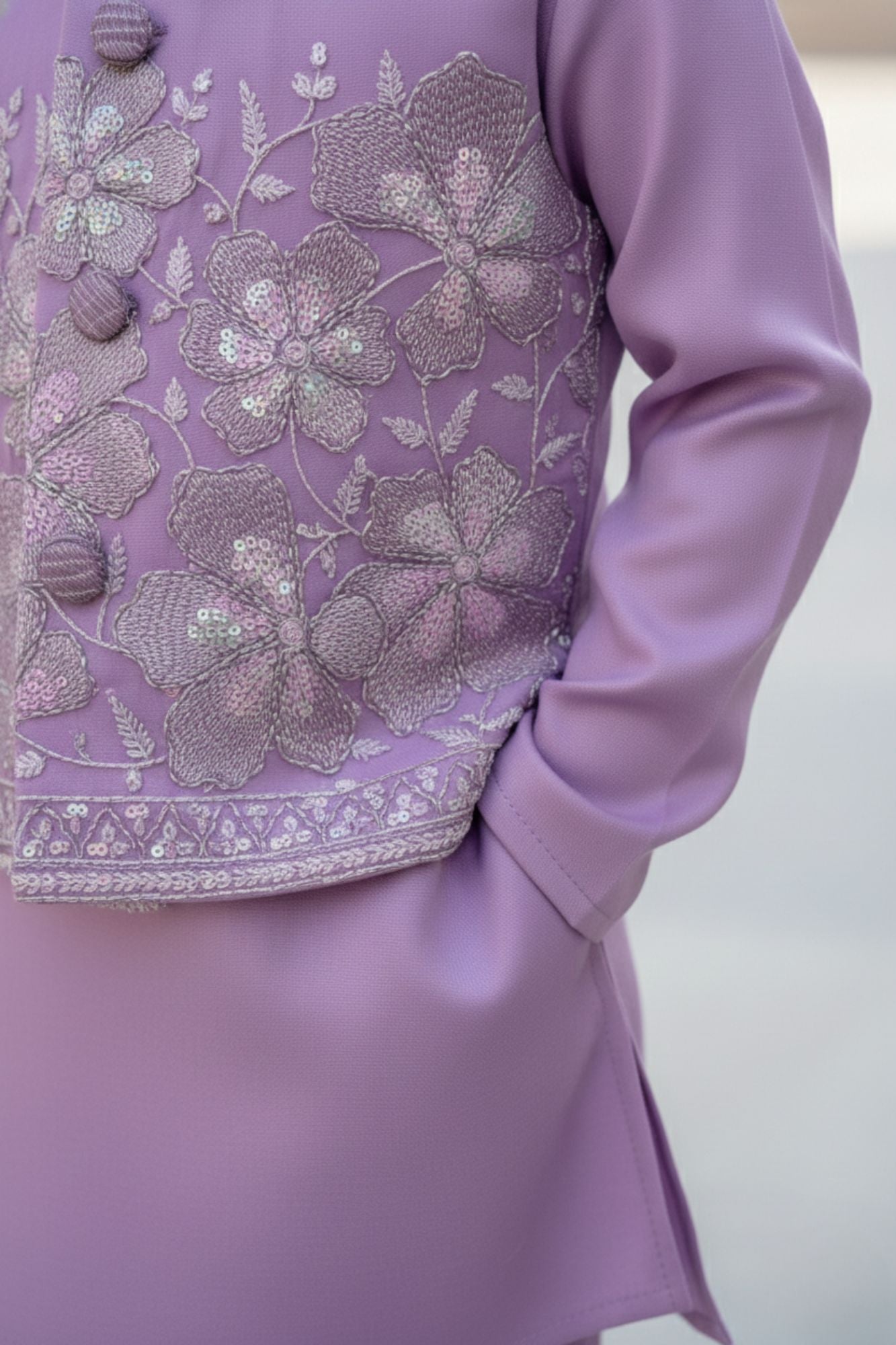 Lavender Sequins Embroidered Kurta Pyjama Set with Jacket For Boys