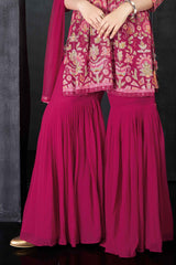 Rani Pink Printed And Mirror Work Top With Sharara Set For Girls