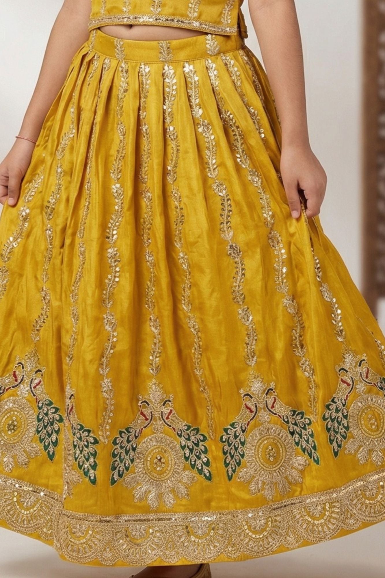 Mustard Yellow Peacock Embroidered Lehenga Choli for Girls