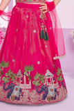 Pink Embroidered Lehenga Choli Set with Dupatta & Tassel Detail For Girls