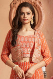 Orange Sequins Embroidered And Mirror Work Palazzo Set With Overcoat For Girls
