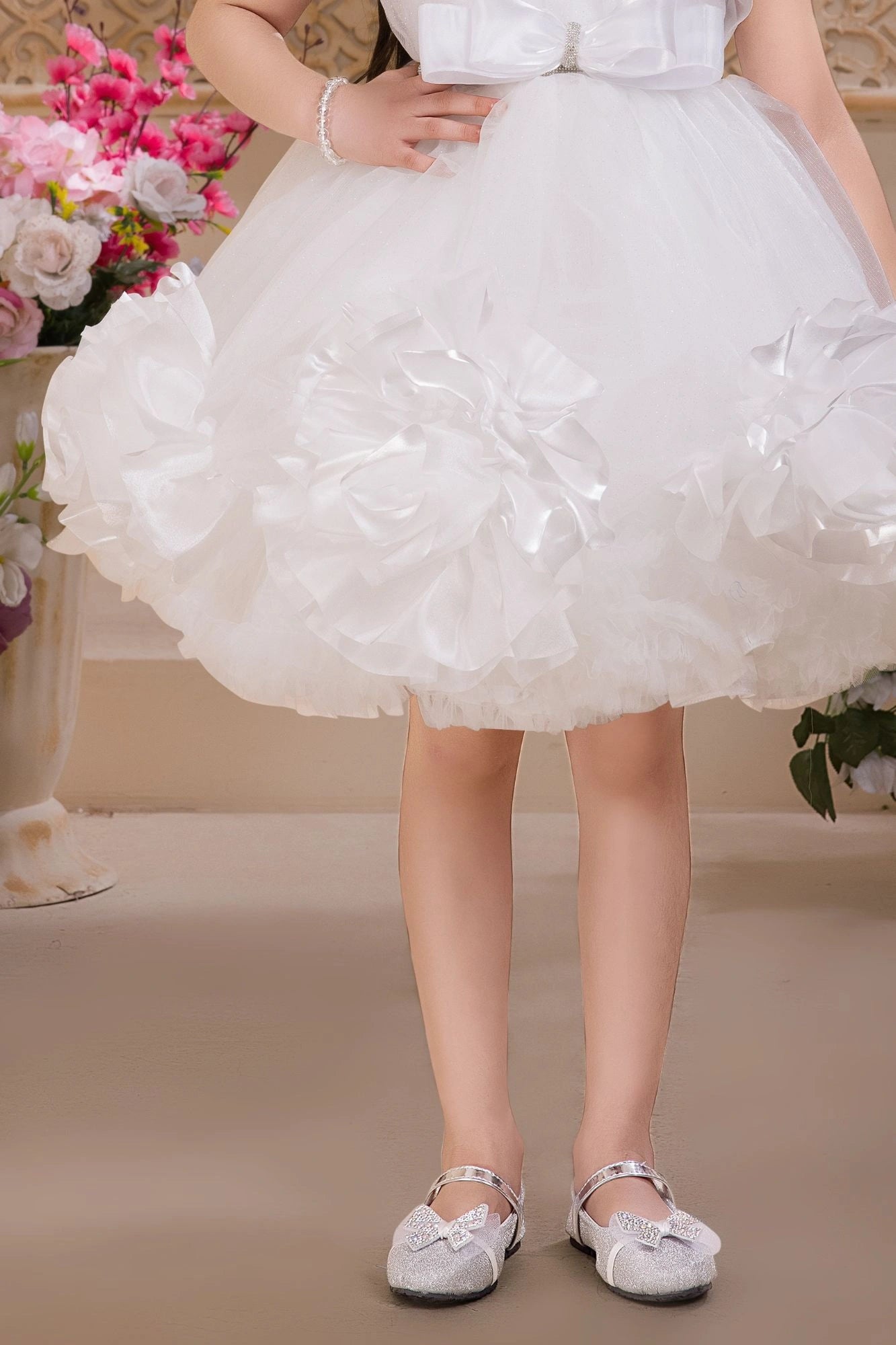 White Floral Appliqué Party Frock For Girls