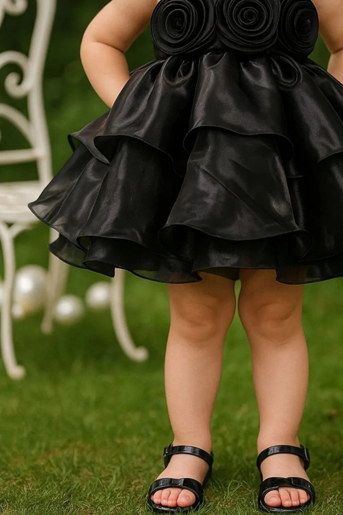 Black Floral Appliqué Tiered Frock For Girls