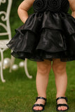 Black Floral Appliqué Tiered Frock For Girls