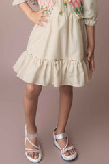 Cream Casual Wear Frock With Crochet Overcoat For Girls