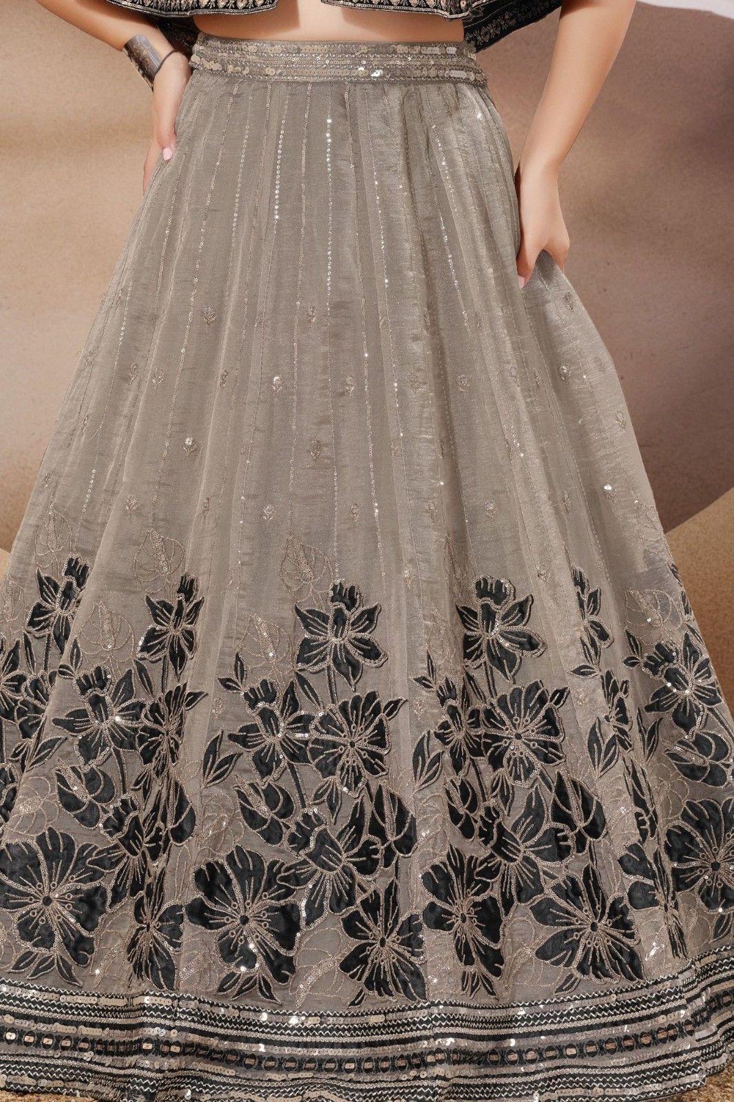 Midnight Black And Silver Floral Embroidered Lehenga Choli Set For Girls