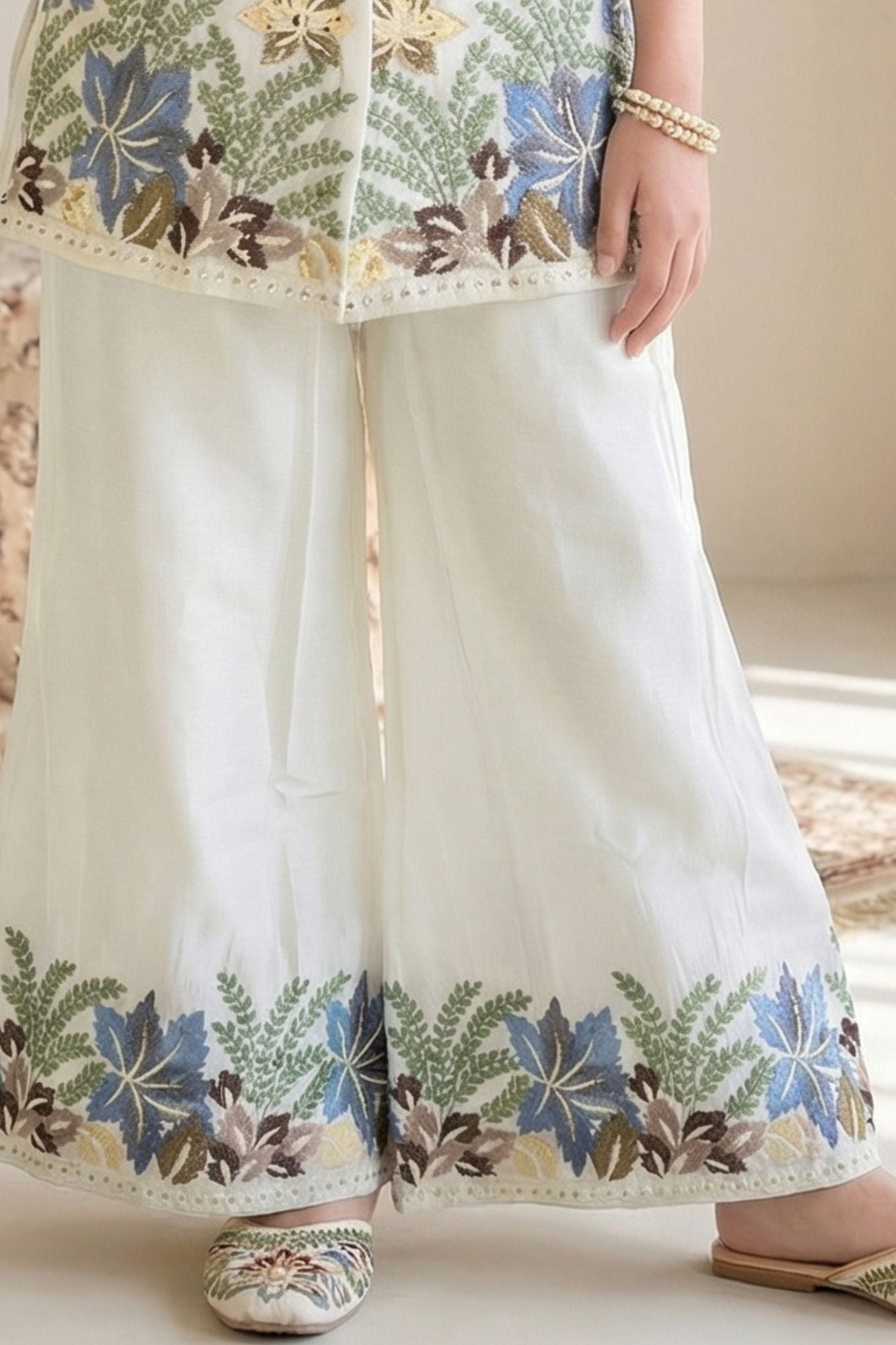 Cream Floral Embroidered Plazzo Set For Girls
