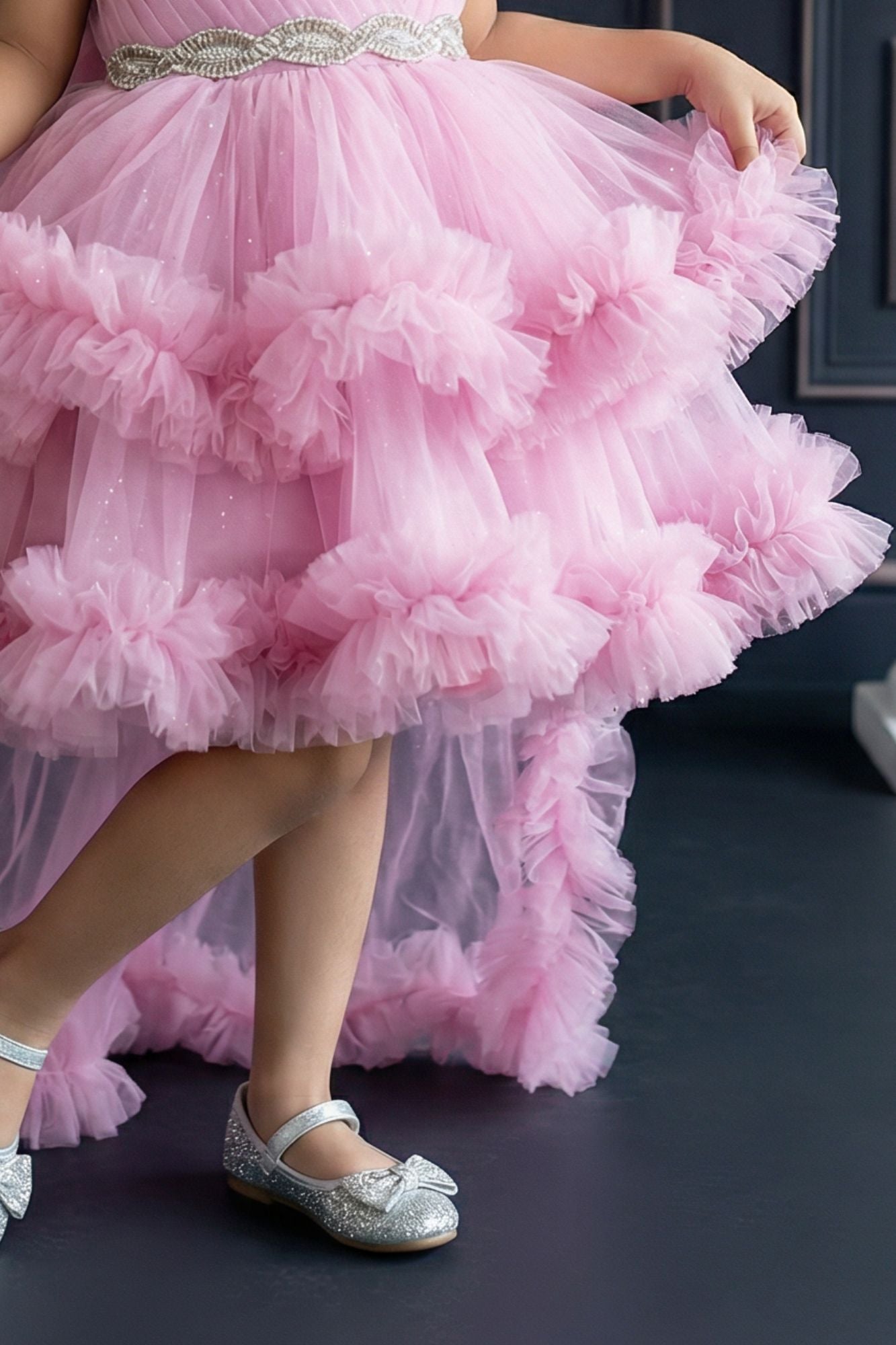 Pink Layered Ruffle High-Low Party Wear Frock For Girls