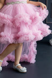 Pink Layered Ruffle High-Low Party Wear Frock For Girls