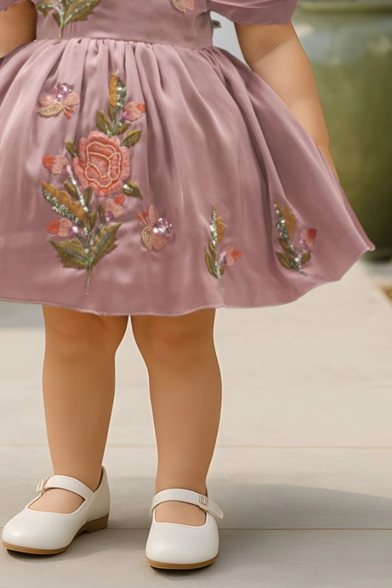 Mauve Puff Sleeve Embroidered Party Frock For Girls