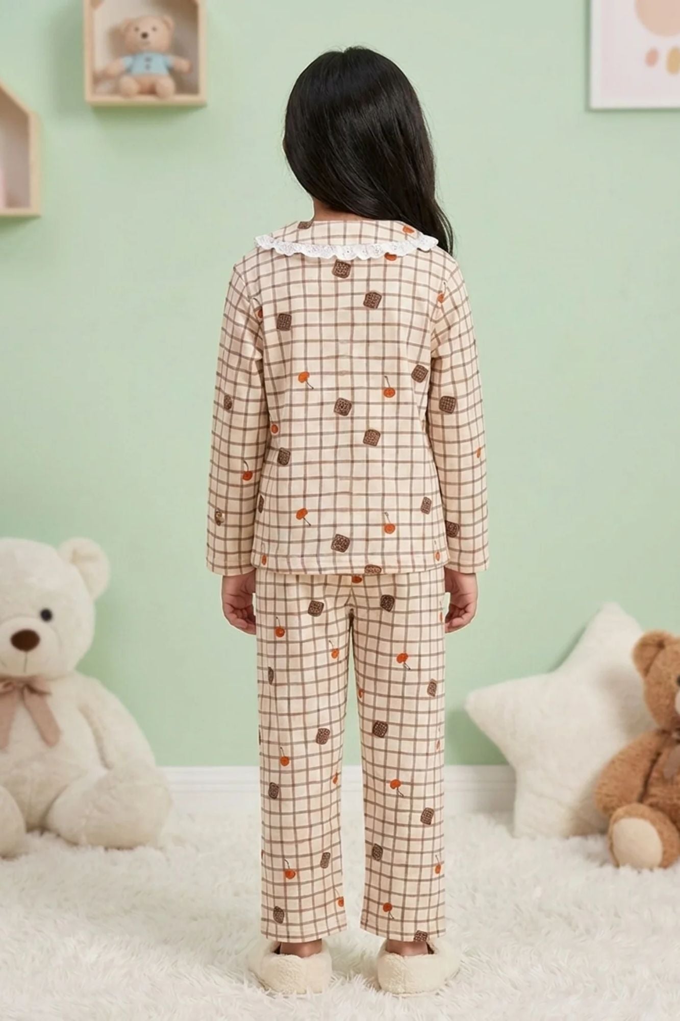 Girls Beige Checked Night Suit Set with Lace Collar