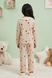 Girls Beige Checked Night Suit Set with Lace Collar