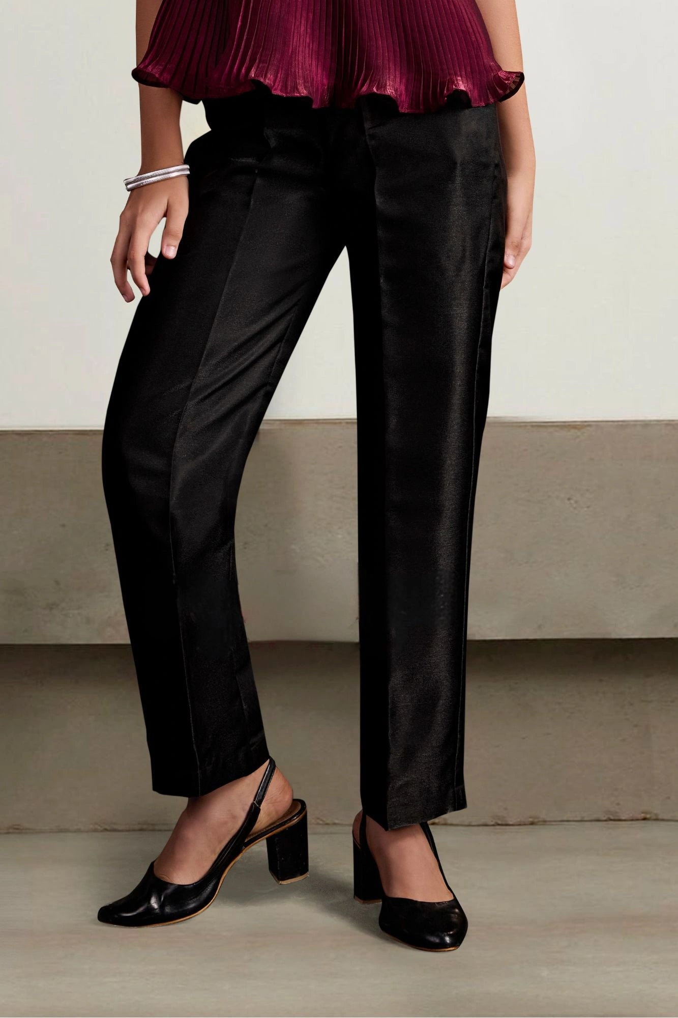 Metallic Maroon  Pleated Top with Pants For Girls