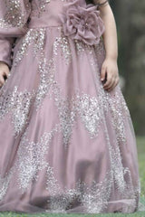 Onion Pink Floral Embellished And Sequins Embroidered Gown For Girls