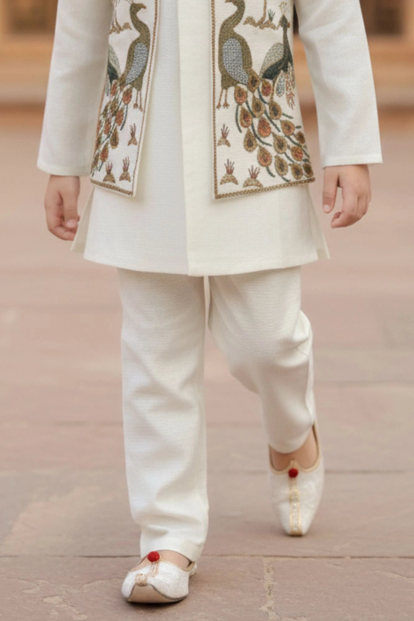 Ivory Embroidered Kurta Jacket Set with Peacock Motif For Boys