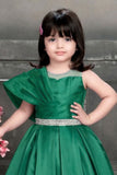 Emerald Green One-Shoulder Party Wear Gown with Embellished Waist Belt For Girls