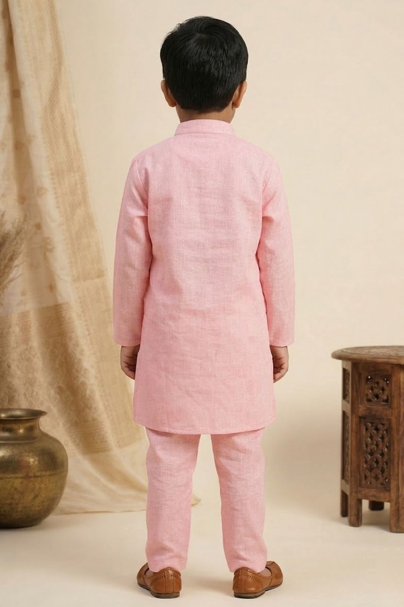 Pink Embroidered Linen Kurta Set For Boys