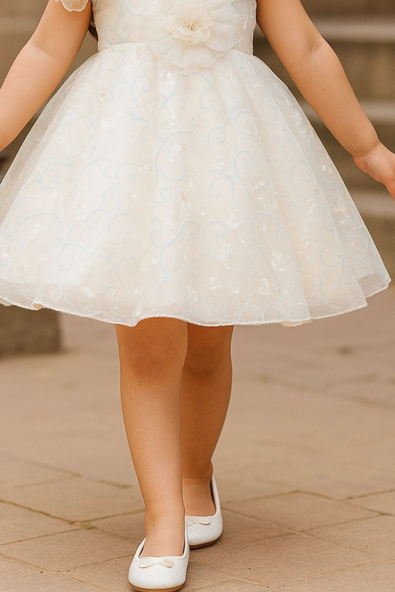 White One-Shoulder Sequins Embroidered Party Frock with Floral Accent For Girls