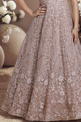 Rose Gold Beige Embroidered Party Wear Gown With Sequin Work For Girls