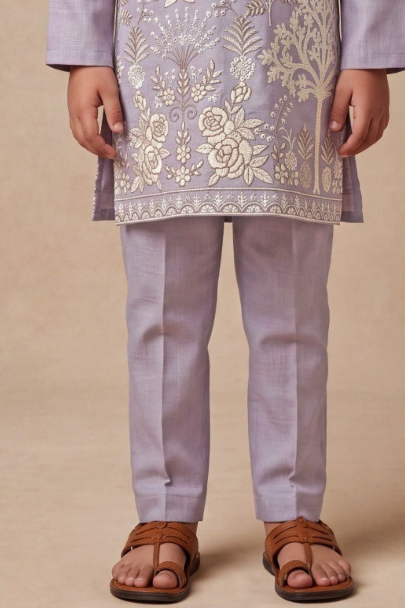 Boys Lavender Kurta Pajama Set With Floral Thread Embroidery