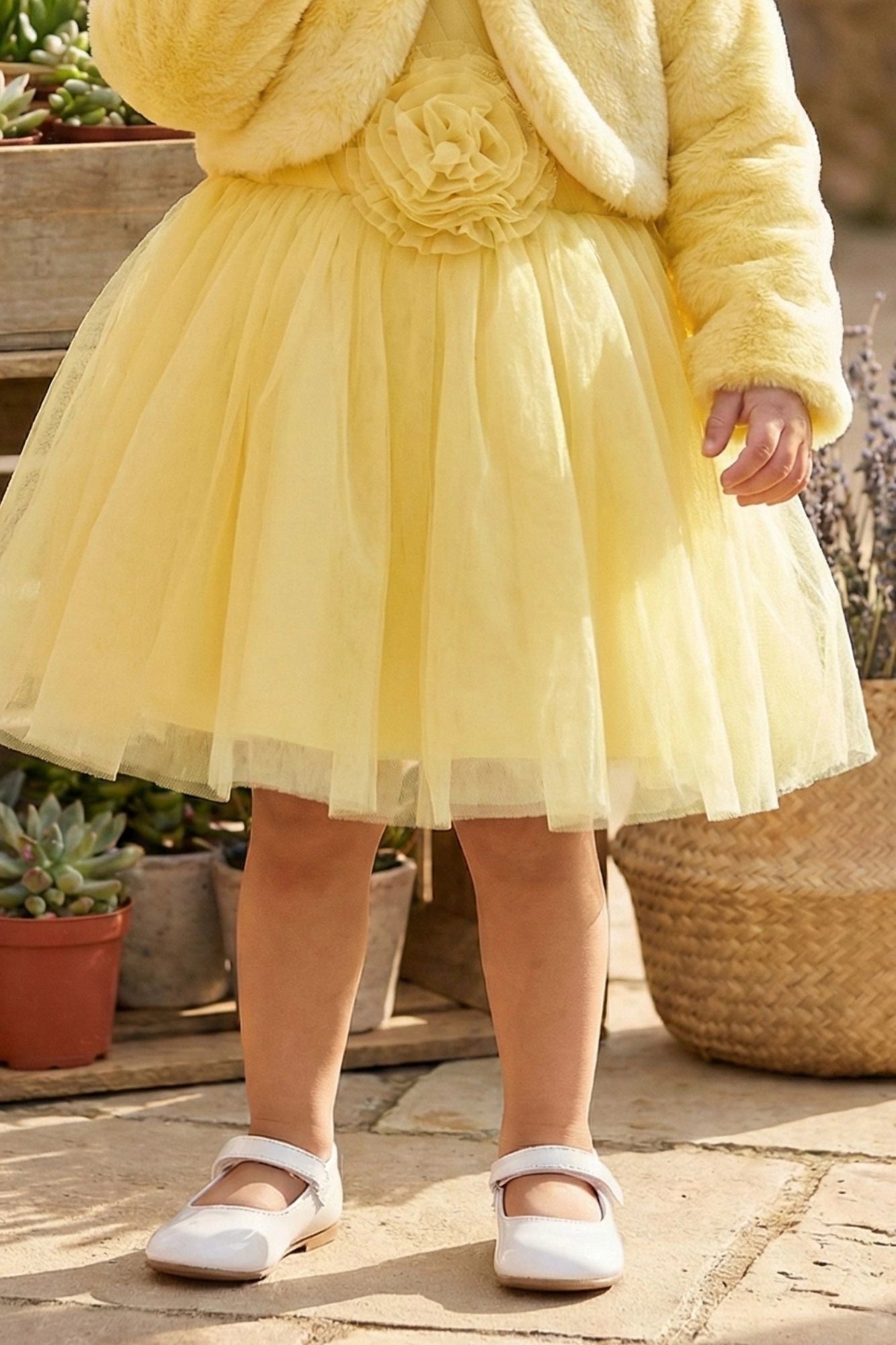 Yellow Party Wear Frock with Faux Fur Jacket For Girls