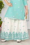 Firozi And White Mirror Embroidery Sharara Set For Girls
