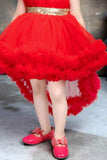 Red Net Tailback Party Wear Frock With Bow Embellishment For Girls