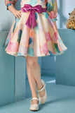 Multicolor Leaf Print Party Frock with Puff Sleeves and Contrast Bow For Girls