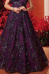 Elegant Plum Sequin Embroidery Partywear Gown For Girls