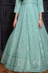 Mint Green Sequined Long Ethnic Gown For Girls