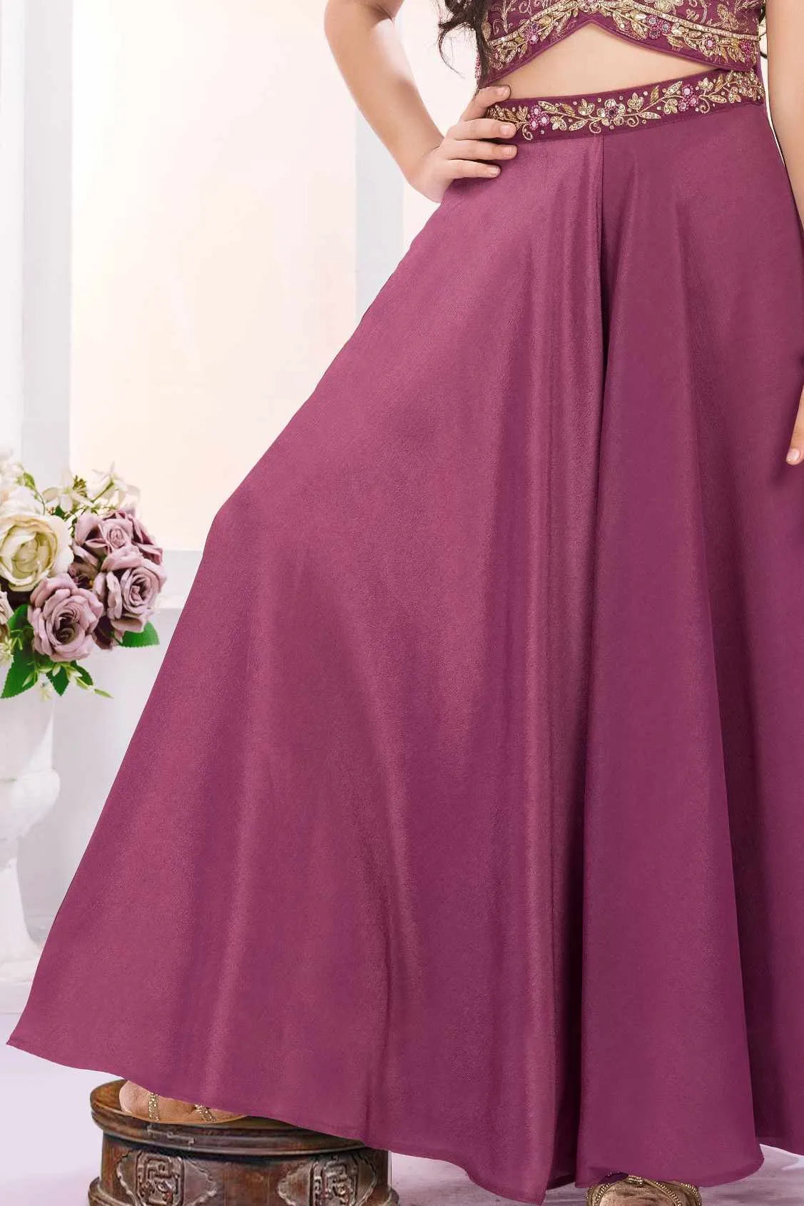 Wine Embroidered Palazzo Set For Girls