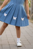 Denim Pinafore Dress with White Shirt & Butterfly Appliqué For Girls
