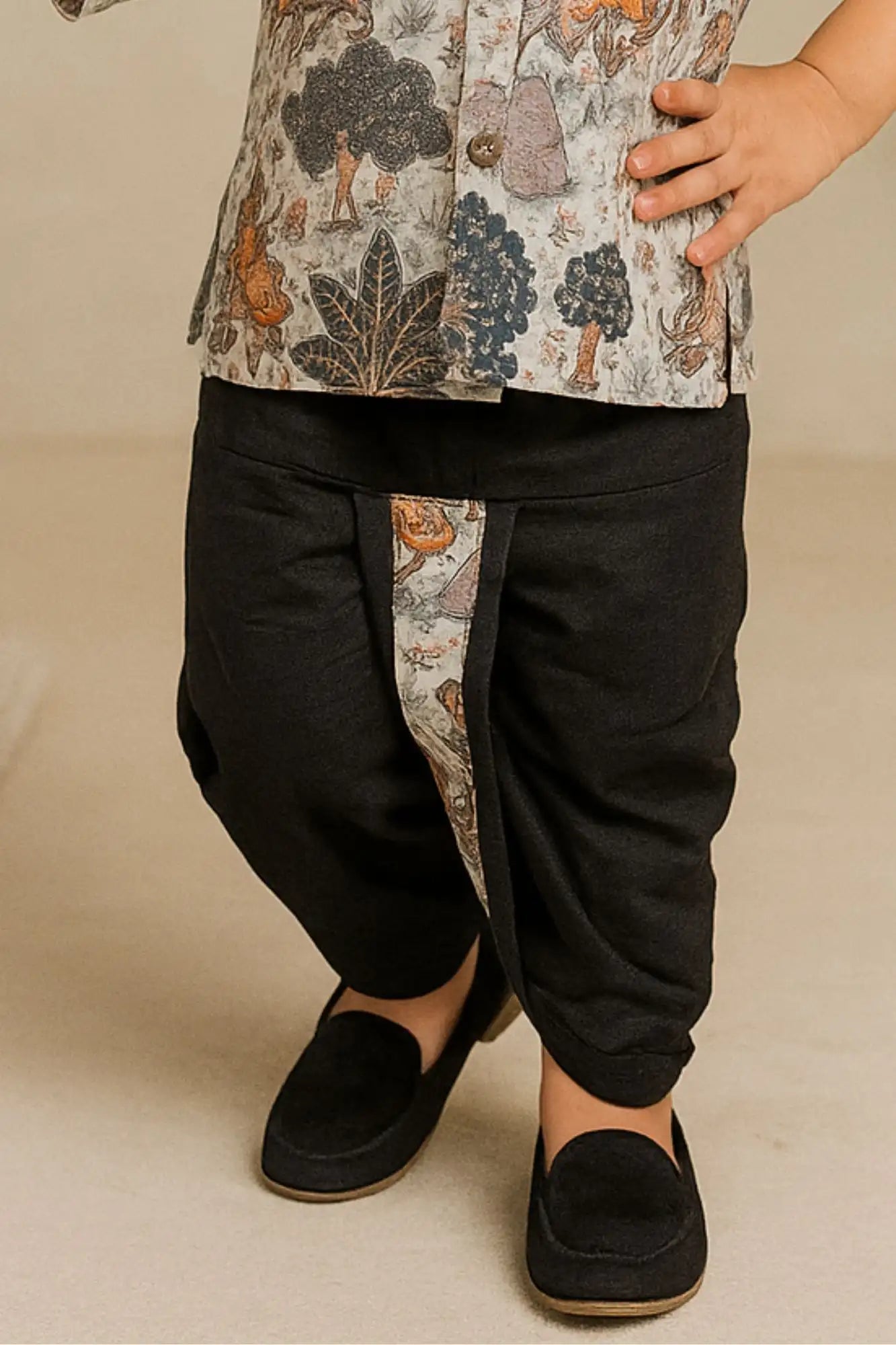 Casual Printed Sequins Embroidered Kurta with Black Dhoti Set For Boys