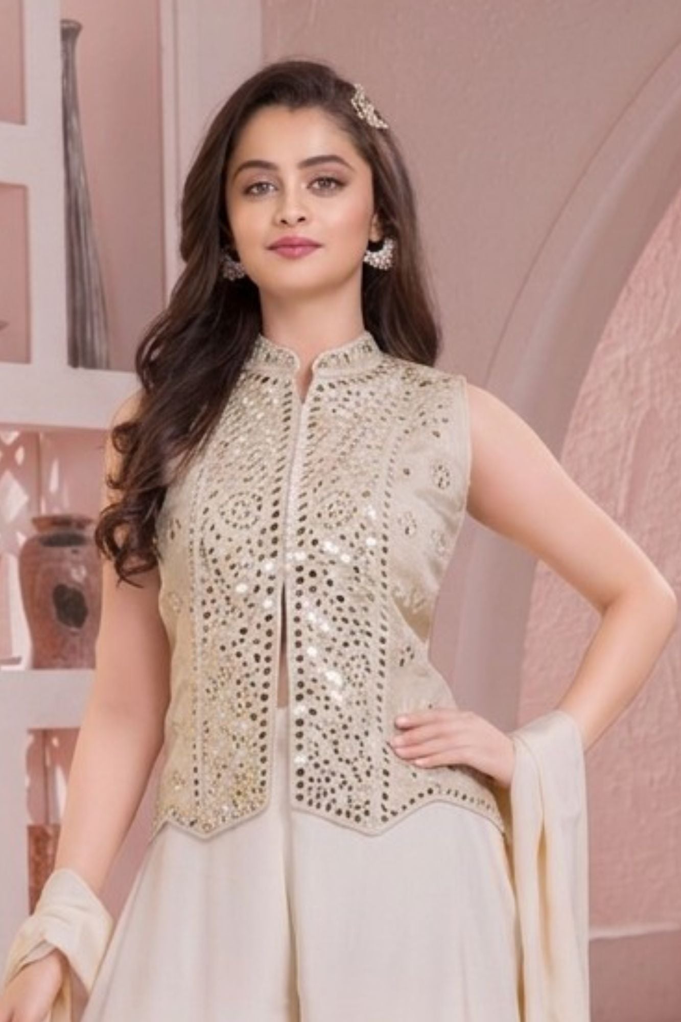 Cream Mirror Embellished Palazzo Set With Dupatta