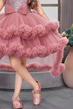 Dusty Pink Sequin High-Low Party Dress with Layered Ruffle Hem For Girls