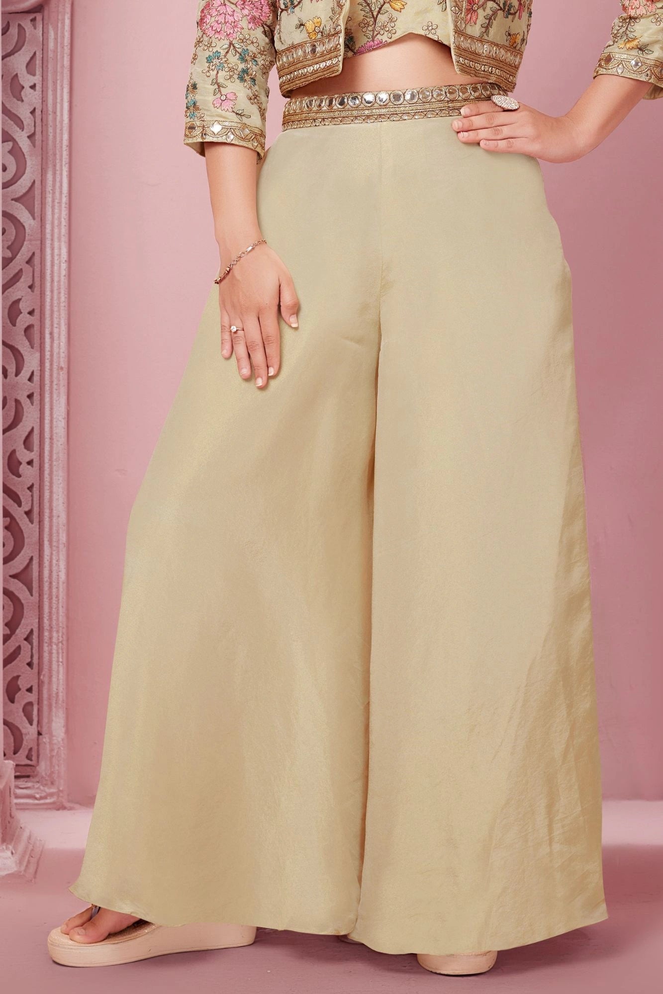 Cream Palazzo Set with Heavy Embroidered Jacket For Girls