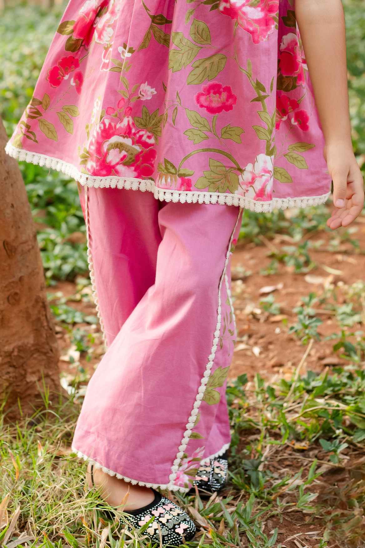 Pink Floral Printed Top With Lace Trim Palazzo Set For Girls