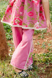 Pink Floral Printed Top With Lace Trim Palazzo Set For Girls
