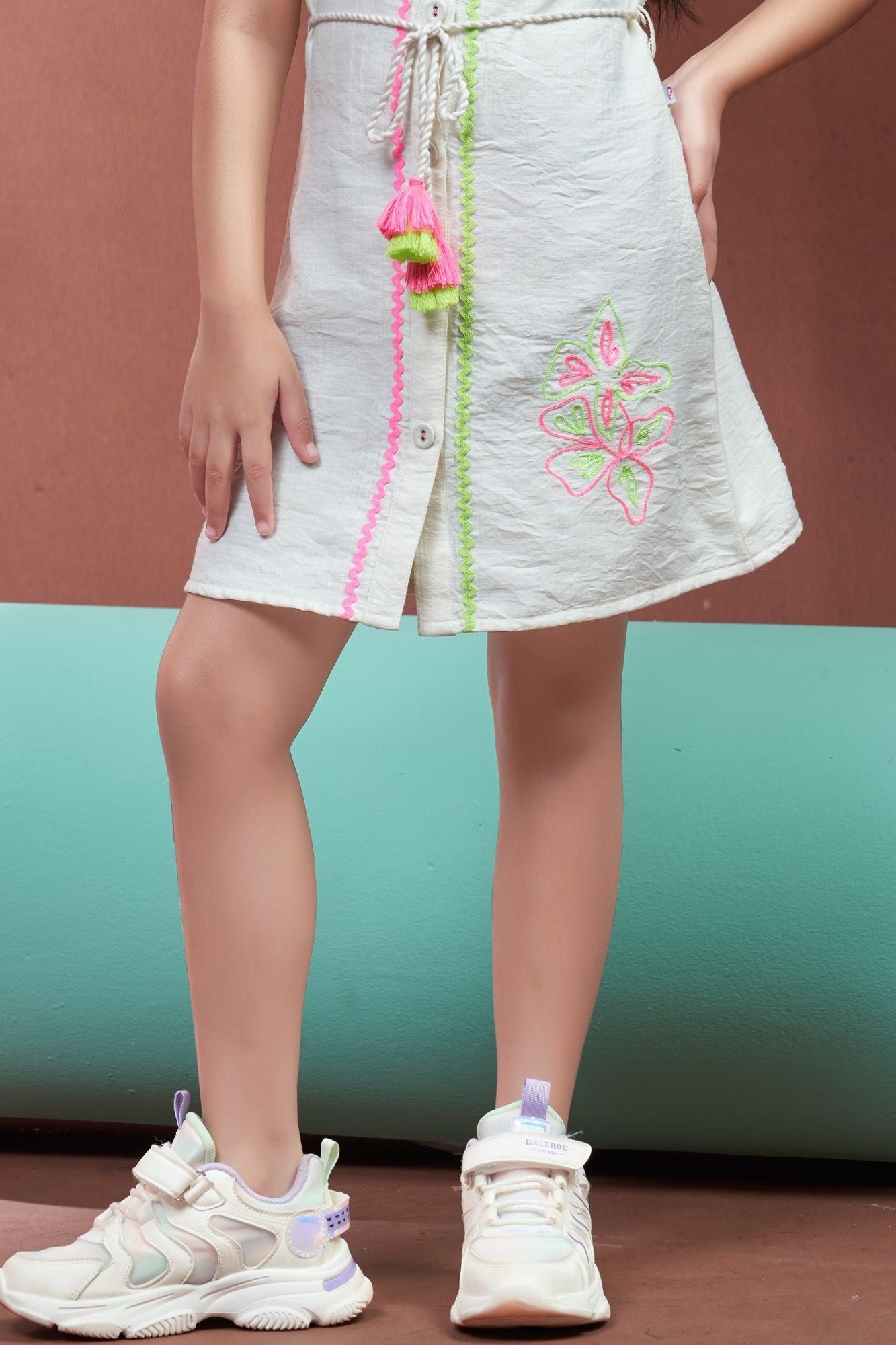 Girls Off-White  Shirt Dress with Neon Embroidery And Tassel Tie-Up Waist