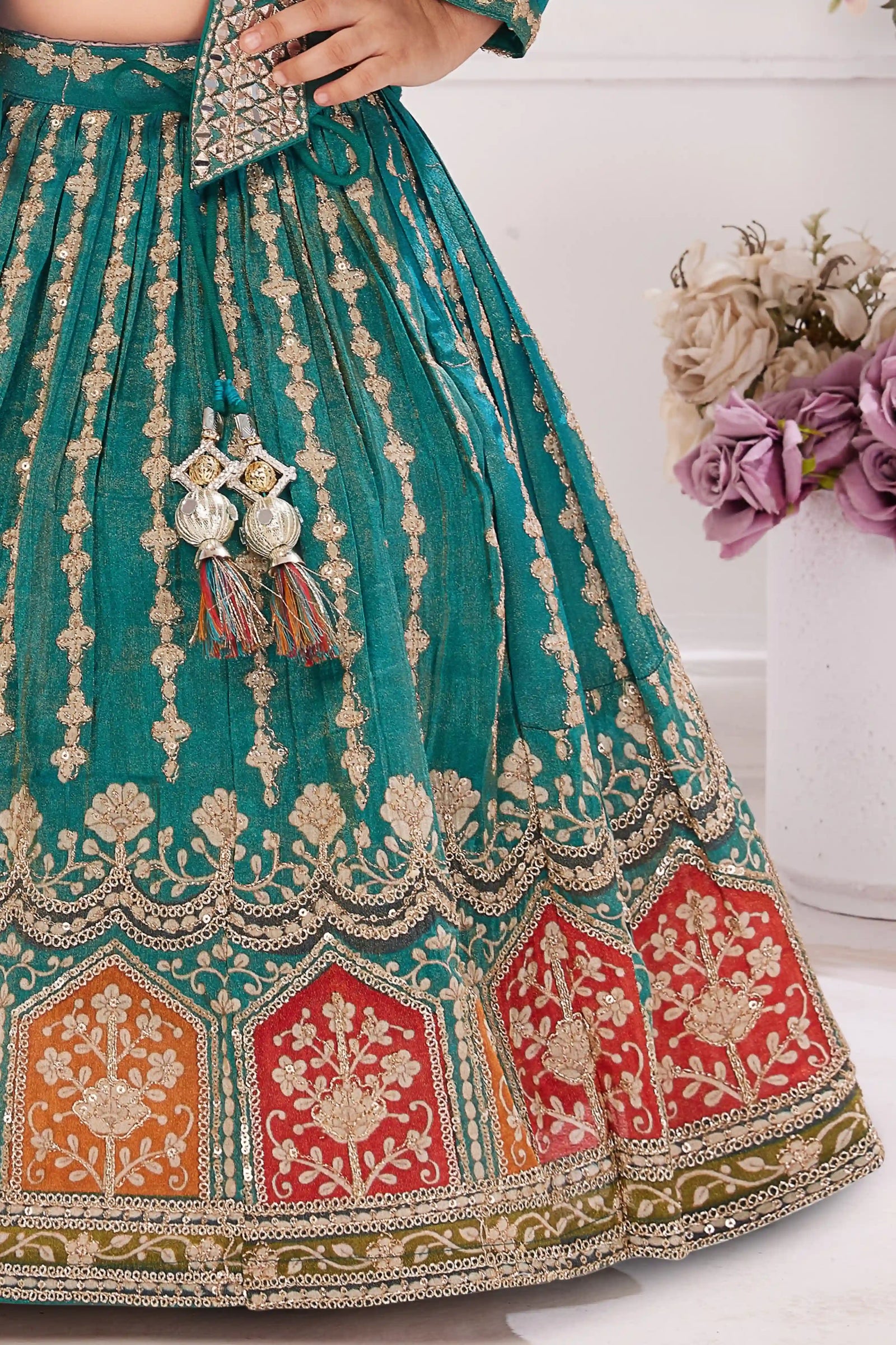 Green Embroidered Lehenga Set with Embellished Jacket For Girls